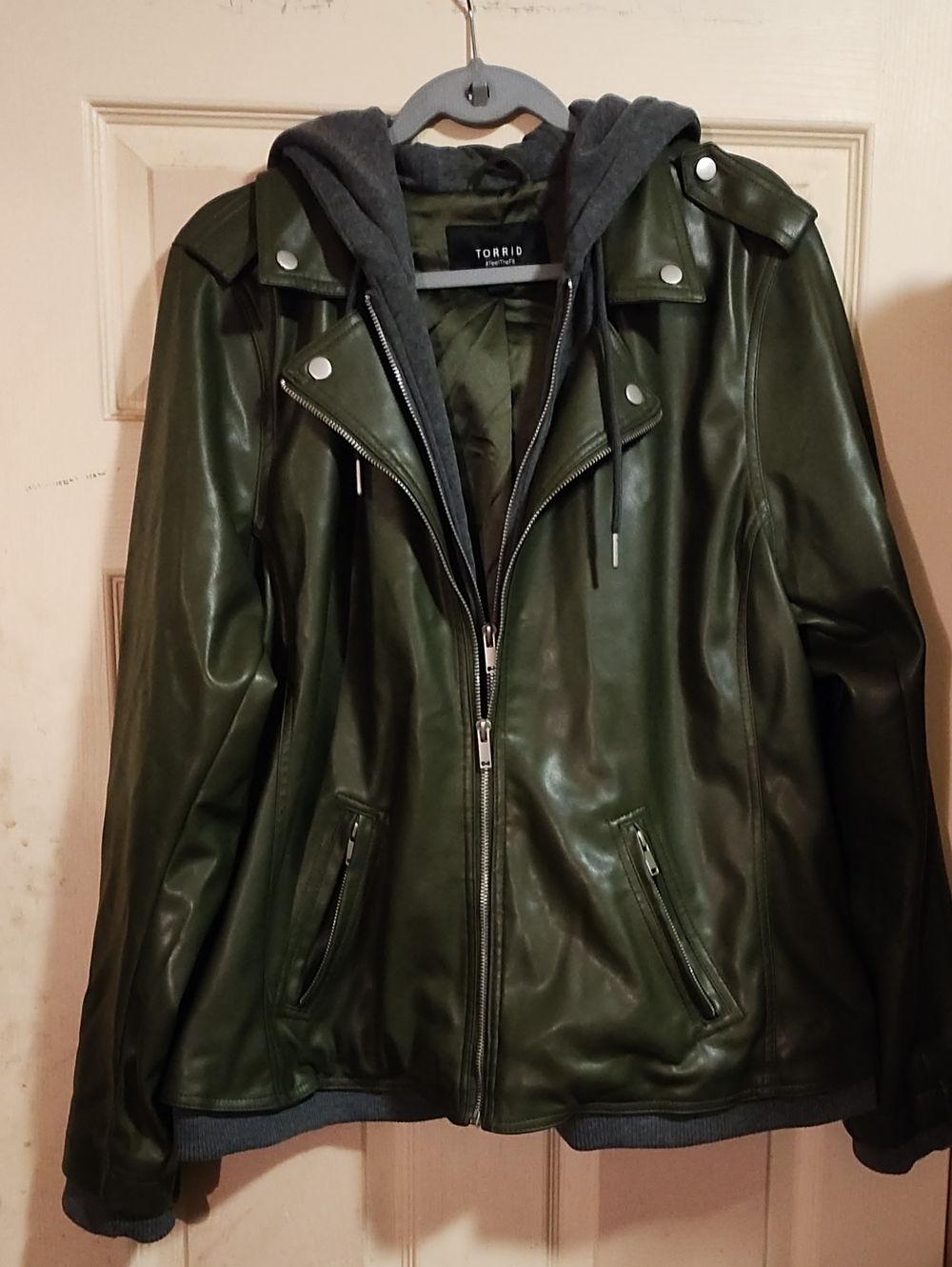 torrid Olive Faux Leather Bomber Jacket with Gray Hoodie Layer